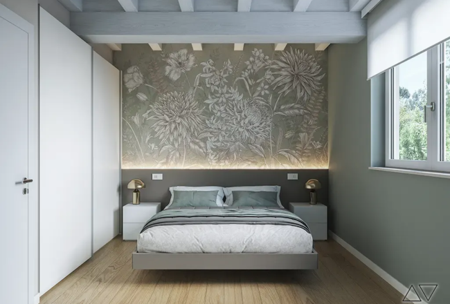 camera da letto rilassante verde colori tessuti carta da parati