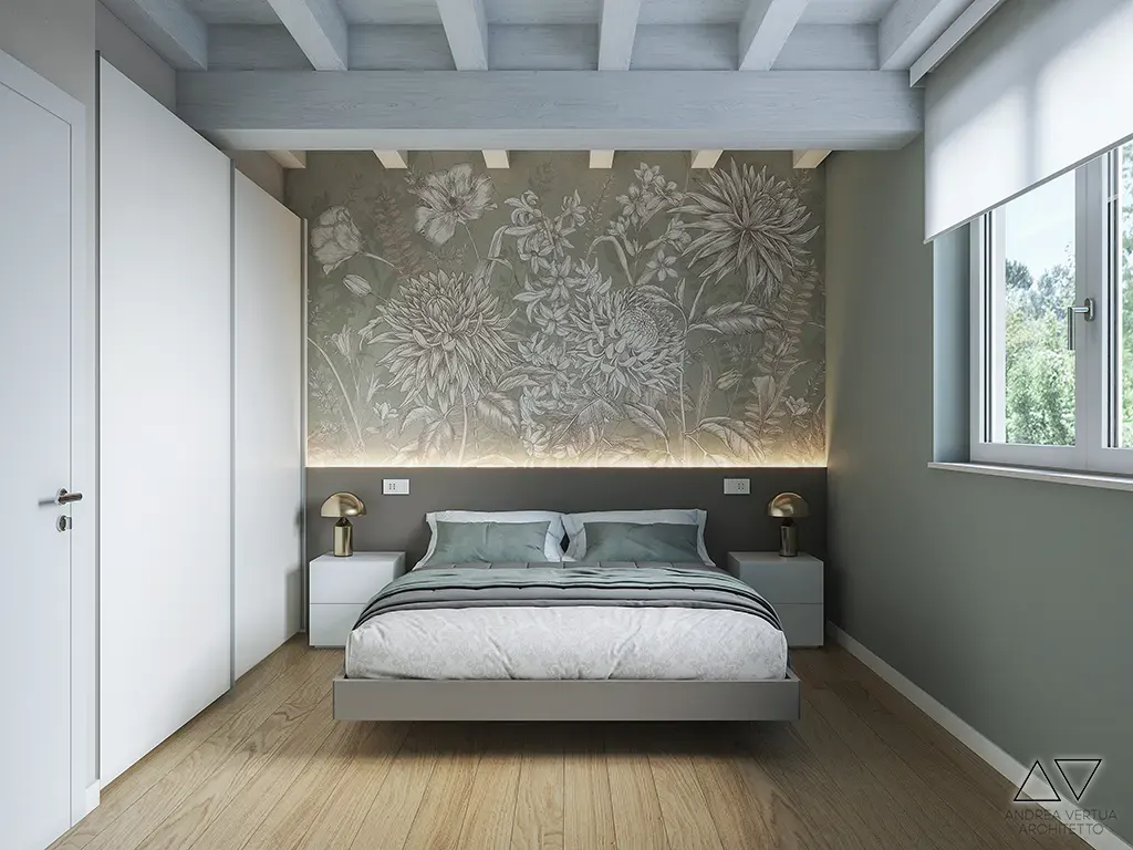 camera da letto rilassante verde colori tessuti carta da parati